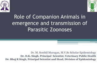 Role of Companion Animals in
emergence and transmission of
Parasitic Zoonoses

Dr. M. Senthil Murugan, M.V.Sc Scholar Epidemiology
Dr. D.K. Singh, Principal Scientist, Veterinary Public Health
Dr. Bhoj R Singh, Principal Scientist and Head, Division of Epidemiology

 