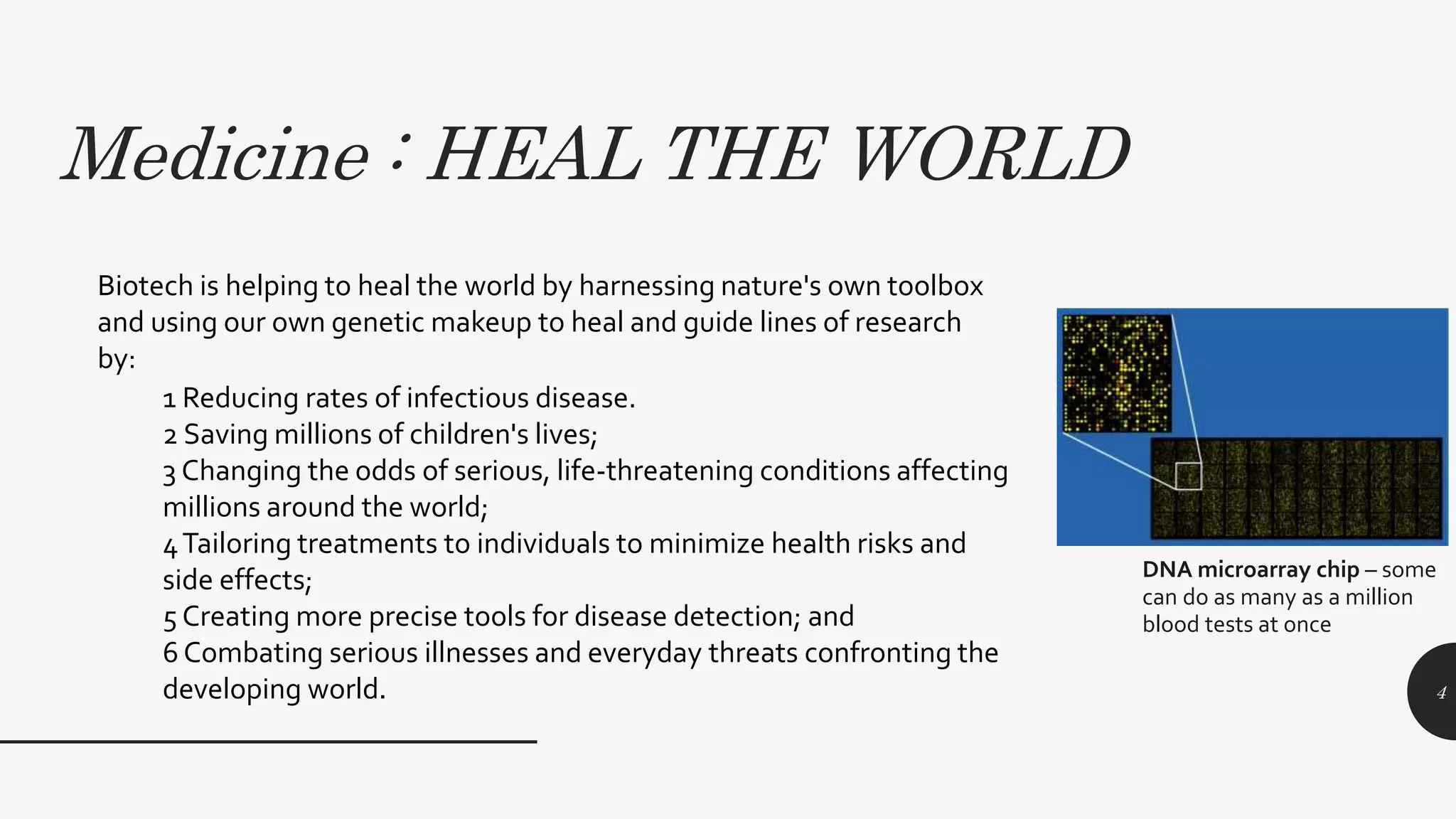 Medicine : HEAL THE WORLD
4
Biotech is helping to heal the world by harnessing nature's own toolbox
and using our own genetic makeup to heal and guide lines of research
by:
1 Reducing rates of infectious disease.
2 Saving millions of children's lives;
3 Changing the odds of serious, life-threatening conditions affecting
millions around the world;
4Tailoring treatments to individuals to minimize health risks and
side effects;
5 Creating more precise tools for disease detection; and
6 Combating serious illnesses and everyday threats confronting the
developing world.
DNA microarray chip – some
can do as many as a million
blood tests at once
 