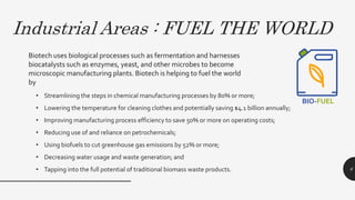Industrial Areas : FUEL THE WORLD
• Streamlining the steps in chemical manufacturing processes by 80% or more;
• Lowering the temperature for cleaning clothes and potentially saving $4.1 billion annually;
• Improving manufacturing process efficiency to save 50% or more on operating costs;
• Reducing use of and reliance on petrochemicals;
• Using biofuels to cut greenhouse gas emissions by 52% or more;
• Decreasing water usage and waste generation; and
• Tapping into the full potential of traditional biomass waste products. 6
Biotech uses biological processes such as fermentation and harnesses
biocatalysts such as enzymes, yeast, and other microbes to become
microscopic manufacturing plants. Biotech is helping to fuel the world
by
BIO-FUEL
 