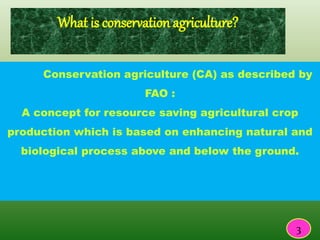 Conservation agriculture (CA) as described by
FAO :
A concept for resource saving agricultural crop
production which is based on enhancing natural and
biological process above and below the ground.
What is conservation agriculture?
3
 