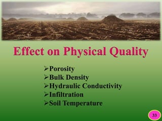 Porosity
Bulk Density
Hydraulic Conductivity
Infiltration
Soil Temperature
Effect on Physical Quality
33
 