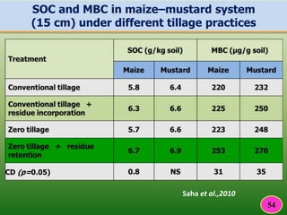 SOC and MBC in maize–mustard system
(15 cm) under different tillage practices
Saha et al.,2010
CD (p=0.05)
54
 