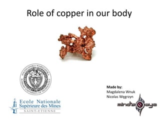 Role of copper in our body




                   Made by:
                   Magdalena Wnuk
                   Nicolas Węgrzyn
 