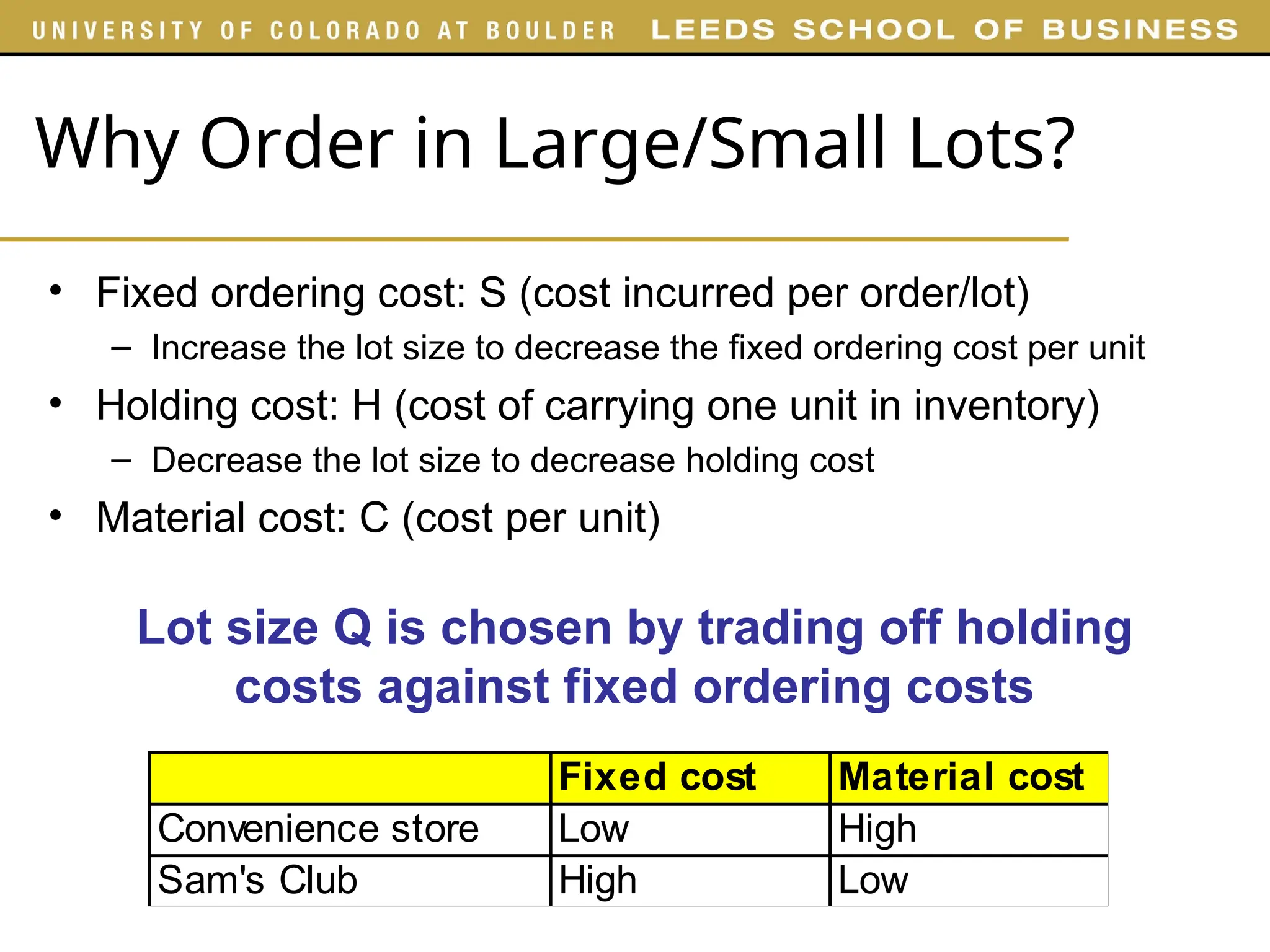 Why Order in Large/Small Lots?
• Fixed ordering cost: S (cost incurred per order/lot)
– Increase the lot size to decrease the fixed ordering cost per unit
• Holding cost: H (cost of carrying one unit in inventory)
– Decrease the lot size to decrease holding cost
• Material cost: C (cost per unit)
Lot size Q is chosen by trading off holding
costs against fixed ordering costs
Fixed cost Material cost
Convenience store Low High
Sam's Club High Low
 