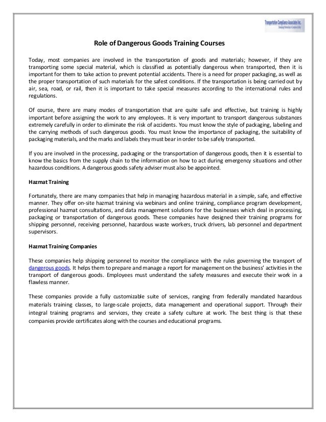 Role Of Dangerous Goods Training Courses