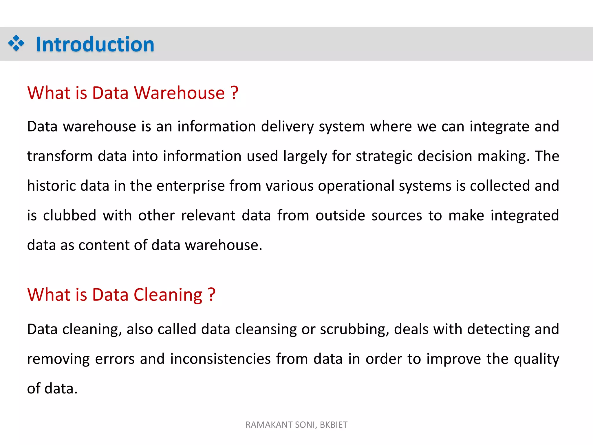 Role of Data Cleaning in Data Warehouse | PDF