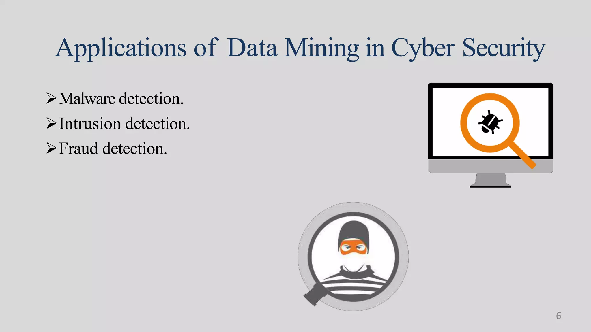 Applications of Data Mining in Cyber Security
Malware detection.
Intrusion detection.
Fraud detection.
6
 