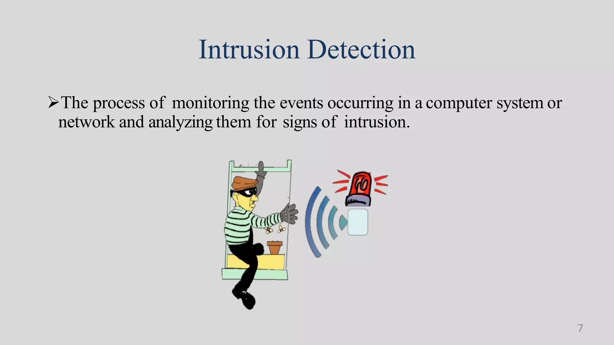 Intrusion Detection
The process of monitoring the events occurring in a computer system or
network and analyzing them for signs of intrusion.
7
 