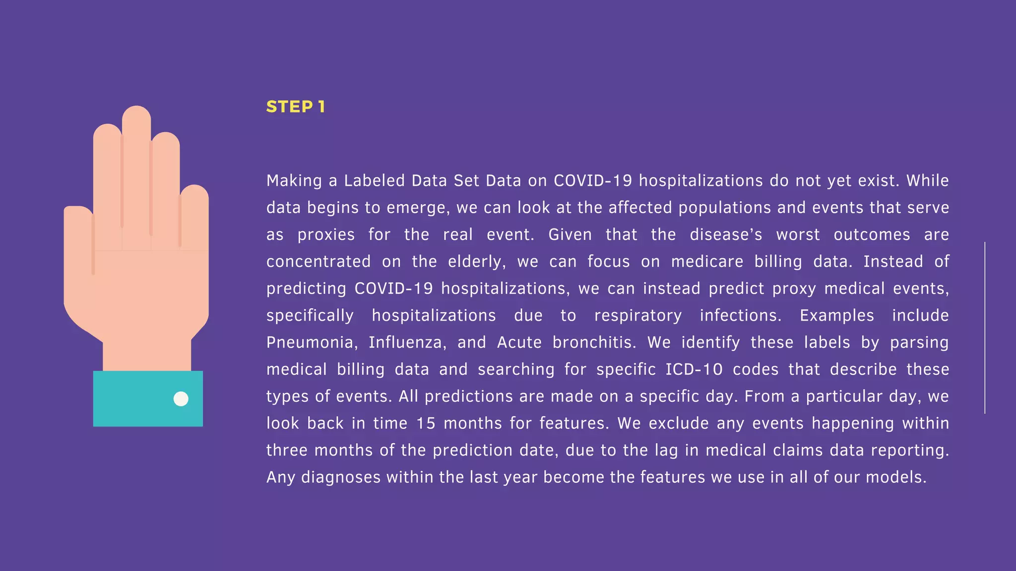 Making a Labeled Data Set Data on COVID-19 hospitalizations do not yet exist. While
data begins to emerge, we can look at the affected populations and events that serve
as proxies for the real event. Given that the disease’s worst outcomes are
concentrated on the elderly, we can focus on medicare billing data. Instead of
predicting COVID-19 hospitalizations, we can instead predict proxy medical events,
specifically hospitalizations due to respiratory infections. Examples include
Pneumonia, Influenza, and Acute bronchitis. We identify these labels by parsing
medical billing data and searching for specific ICD-10 codes that describe these
types of events. All predictions are made on a specific day. From a particular day, we
look back in time 15 months for features. We exclude any events happening within
three months of the prediction date, due to the lag in medical claims data reporting.
Any diagnoses within the last year become the features we use in all of our models.
STEP 1
 