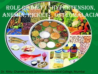 Role of Diet in Hypertension,
Anemia, Rickets, Osteomalacia

Dr.Rittu Chandel
Dr. Rittu Chandel,Grant Government Medical College, Mumbai

1

 