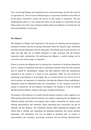 Role of due diligence in mergers and acquisition | PDF