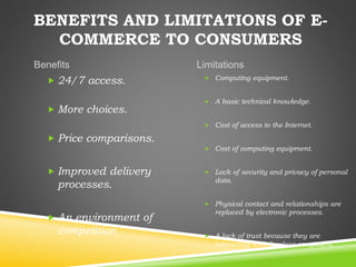 BENEFITS AND LIMITATIONS OF E-
COMMERCE TO CONSUMERS
Benefits
 24/7 access.
 More choices.
 Price comparisons.
 Improved delivery
processes.
 An environment of
competition
Limitations
 Computing equipment.
 A basic technical knowledge.
 Cost of access to the Internet.
 Cost of computing equipment.
 Lack of security and privacy of personal
data.
 Physical contact and relationships are
replaced by electronic processes.
 A lack of trust because they are
interacting with faceless computers.
 