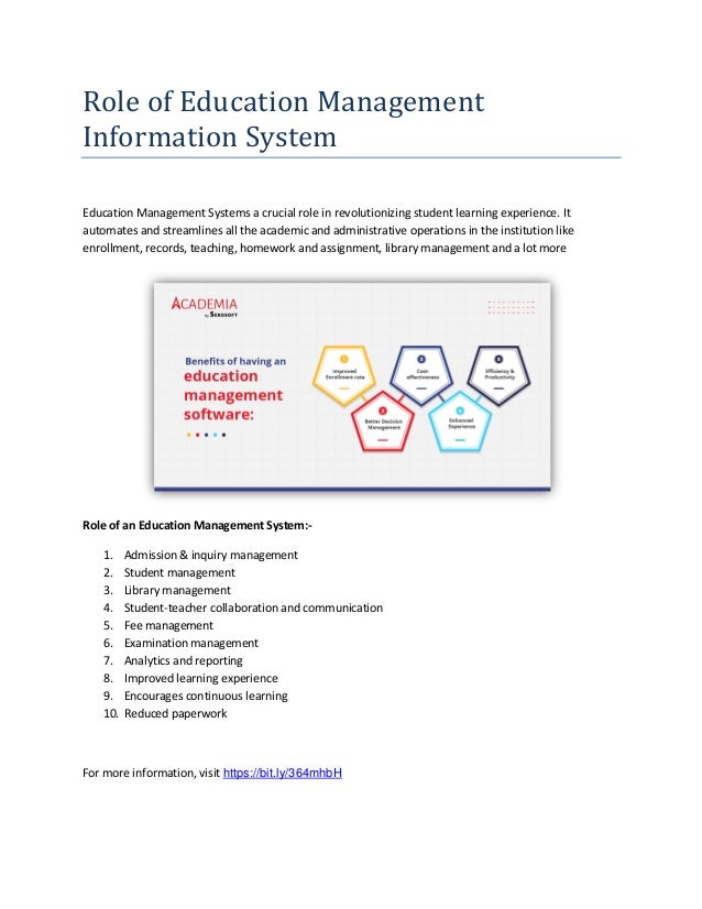 Role of Education Management
Information System
Education Management Systems a crucial role in revolutionizing student learning experience. It
automates and streamlines all the academic and administrative operations in the institution like
enrollment, records, teaching, homework and assignment, library management and a lot more
Role of an Education Management System:-
1. Admission & inquiry management
2. Student management
3. Library management
4. Student-teacher collaboration and communication
5. Fee management
6. Examination management
7. Analytics and reporting
8. Improved learning experience
9. Encourages continuous learning
10. Reduced paperwork
For more information, visit https://bit.ly/364mhbH
 