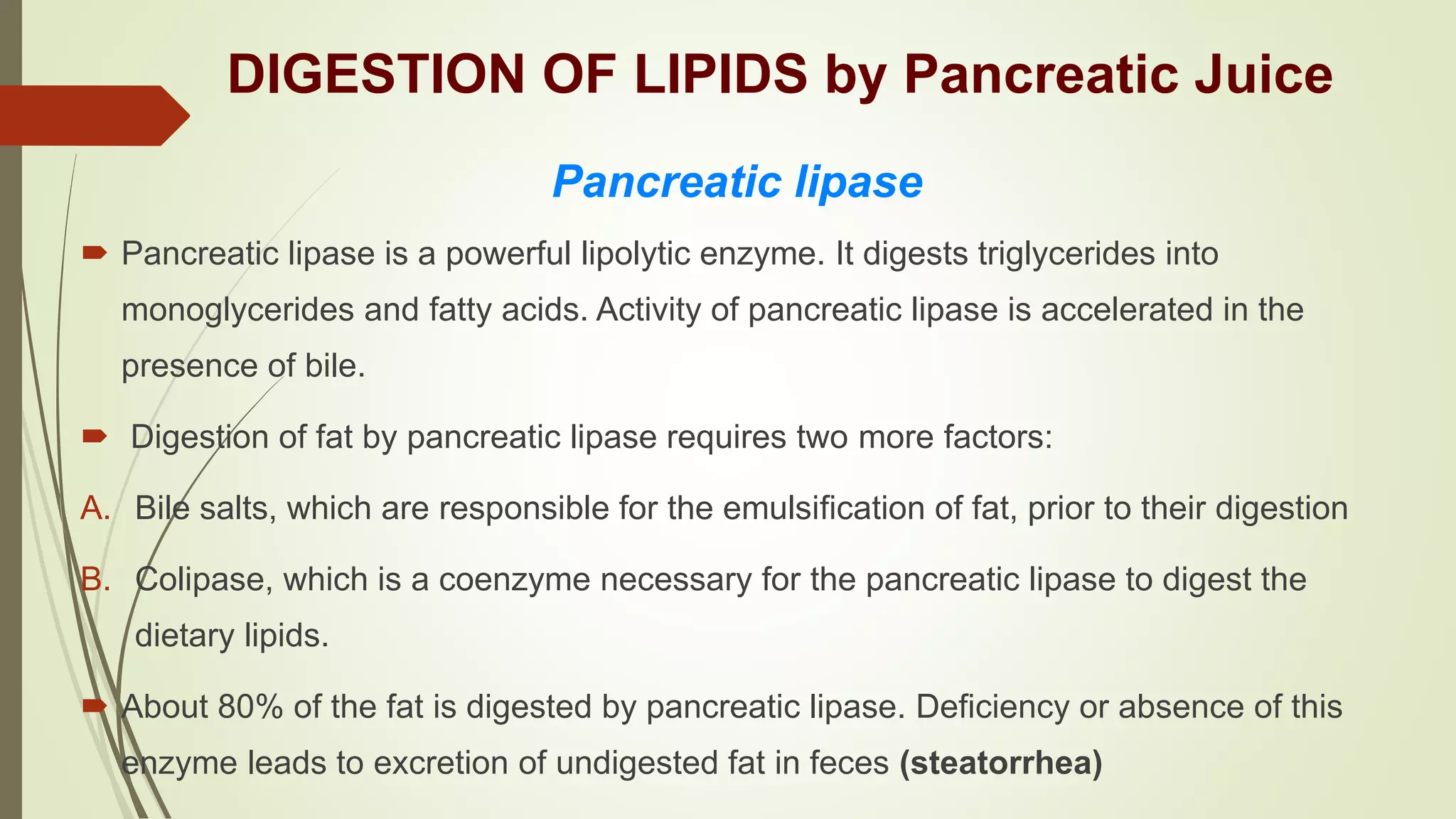 DIGESTION OF LIPIDS by Pancreatic Juice
Pancreatic lipase
 Pancreatic lipase is a powerful lipolytic enzyme. It digests triglycerides into
monoglycerides and fatty acids. Activity of pancreatic lipase is accelerated in the
presence of bile.
 Digestion of fat by pancreatic lipase requires two more factors:
A. Bile salts, which are responsible for the emulsification of fat, prior to their digestion
B. Colipase, which is a coenzyme necessary for the pancreatic lipase to digest the
dietary lipids.
 About 80% of the fat is digested by pancreatic lipase. Deficiency or absence of this
enzyme leads to excretion of undigested fat in feces (steatorrhea)
 
