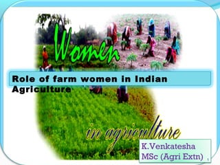 Role of farm women in Indian
Agriculture
K.Venkatesha
MSc (Agri Extn) 1
 