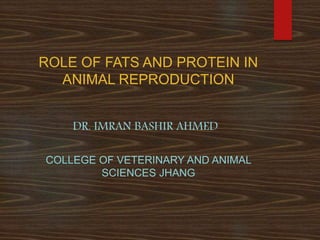 ROLE OF FATS AND PROTEIN IN
ANIMAL REPRODUCTION
DR. IMRAN BASHIR AHMED
COLLEGE OF VETERINARY AND ANIMAL
SCIENCES JHANG
 