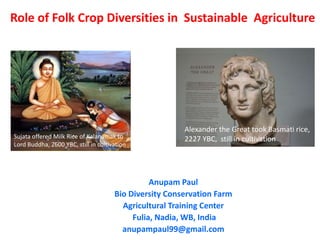 Role of Folk Crop Diversities in Sustainable Agriculture
Anupam Paul
Bio Diversity Conservation Farm
Agricultural Training Center
Fulia, Nadia, WB, India
anupampaul99@gmail.com
Sujata offered Milk Rice of Kalanamak to
Lord Buddha, 2600 YBC, still in cultivation
Alexander the Great took Basmati rice,
2227 YBC, still in cultivation
 
