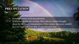 PRECIPITATION
• Forest influence local precipitation.
• It is believed that the cooling effect above a forest brought
about by the heavy transpiration of the canopy increases rainfall
by 2 to 3 per cent over that of non-forested area.
 