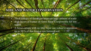 SOILAND WATER CONSERVATION
• Thick canopy of forest can intercept large amount of water
• thick layers of humus on forest floor is responsible for low
runoff.
• A forest canopy with no litter layer can reduce evaporation
up to 50 % of that from a non forested soil.
 