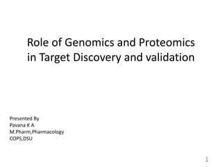 Role of Genomics and Proteomics
in Target Discovery and validation
1
Presented By
Pavana K A
M.Pharm,Pharmacology
COPS,DSU
 