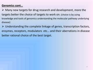 Genomics cont…
 Many new targets for drug research and development, more the
targets better the choice of targets to work...