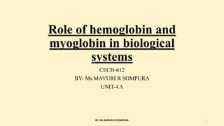 Role of hemoglobin and
myoglobin in biological
systems
CECH-612
BY- Ms MAYURI R SOMPURA
UNIT-4 A
BY- Ms MAYURI R SOMPURA 1
 
