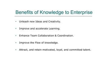 Benefits of Knowledge to Enterprise
•

Unleash new Ideas and Creativity.

•

Improve and accelerate Learning.

•

Enhance Team Collaboration & Coordination.

•

Improve the Flow of knowledge.

•

Attract, and retain motivated, loyal, and committed talent.

 