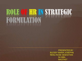 ROLE OF HR IN STRATEGIC
FORMULATION



                      PRESENTED BY
               BLESSY MARIA JOSEPH&
               RENU ROSE SEBASTIAN
                      S4 MBA
                      MACFAST
 