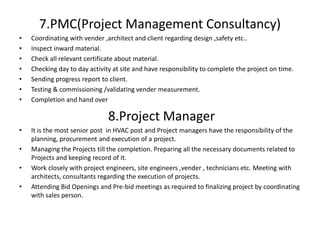 7.PMC(Project Management Consultancy)
• Coordinating with vender ,architect and client regarding design ,safety etc..
• Inspect inward material.
• Check all relevant certificate about material.
• Checking day to day activity at site and have responsibility to complete the project on time.
• Sending progress report to client.
• Testing & commissioning /validating vender measurement.
• Completion and hand over
8.Project Manager
• It is the most senior post in HVAC post and Project managers have the responsibility of the
planning, procurement and execution of a project.
• Managing the Projects till the completion. Preparing all the necessary documents related to
Projects and keeping record of it.
• Work closely with project engineers, site engineers ,vender , technicians etc. Meeting with
architects, consultants regarding the execution of projects.
• Attending Bid Openings and Pre-bid meetings as required to finalizing project by coordinating
with sales person.
 