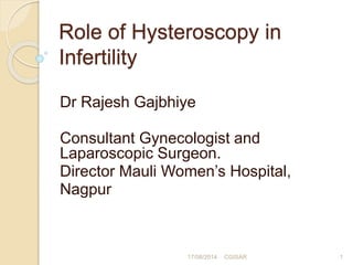 Role of Hysteroscopy in
Infertility
Dr Rajesh Gajbhiye
Consultant Gynecologist and
Laparoscopic Surgeon.
Director Mauli Women’s Hospital,
Nagpur
17/08/2014 CGISAR 1
 