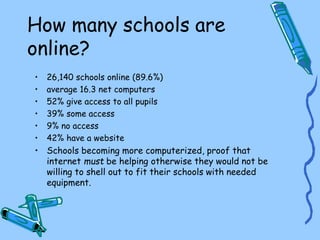 How many schools are
online?
• 26,140 schools online (89.6%)
• average 16.3 net computers
• 52% give access to all pupils
• 39% some access
• 9% no access
• 42% have a website
• Schools becoming more computerized, proof that
internet must be helping otherwise they would not be
willing to shell out to fit their schools with needed
equipment.
 