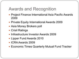 Agri Business InfrastructureAbout IDFC Project FinanceThe core business at IDFC Project Finance is lending to infrastructure projects. The business is capital intensive and focuses on managing the loan bookWhile this creates a base income stream it also provides us with the bridge to clients to build larger and wider customer engagement