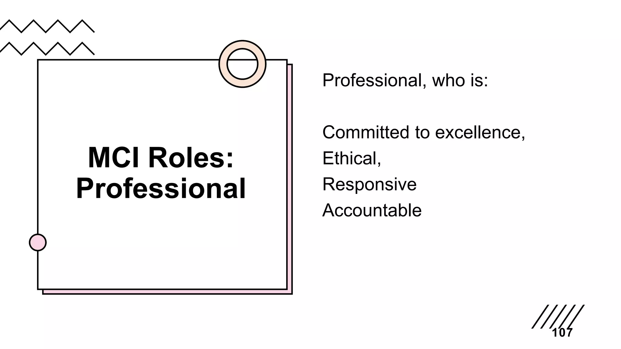 MCI Roles:
Professional
Professional, who is:
Committed to excellence,
Ethical,
Responsive
Accountable
107
 