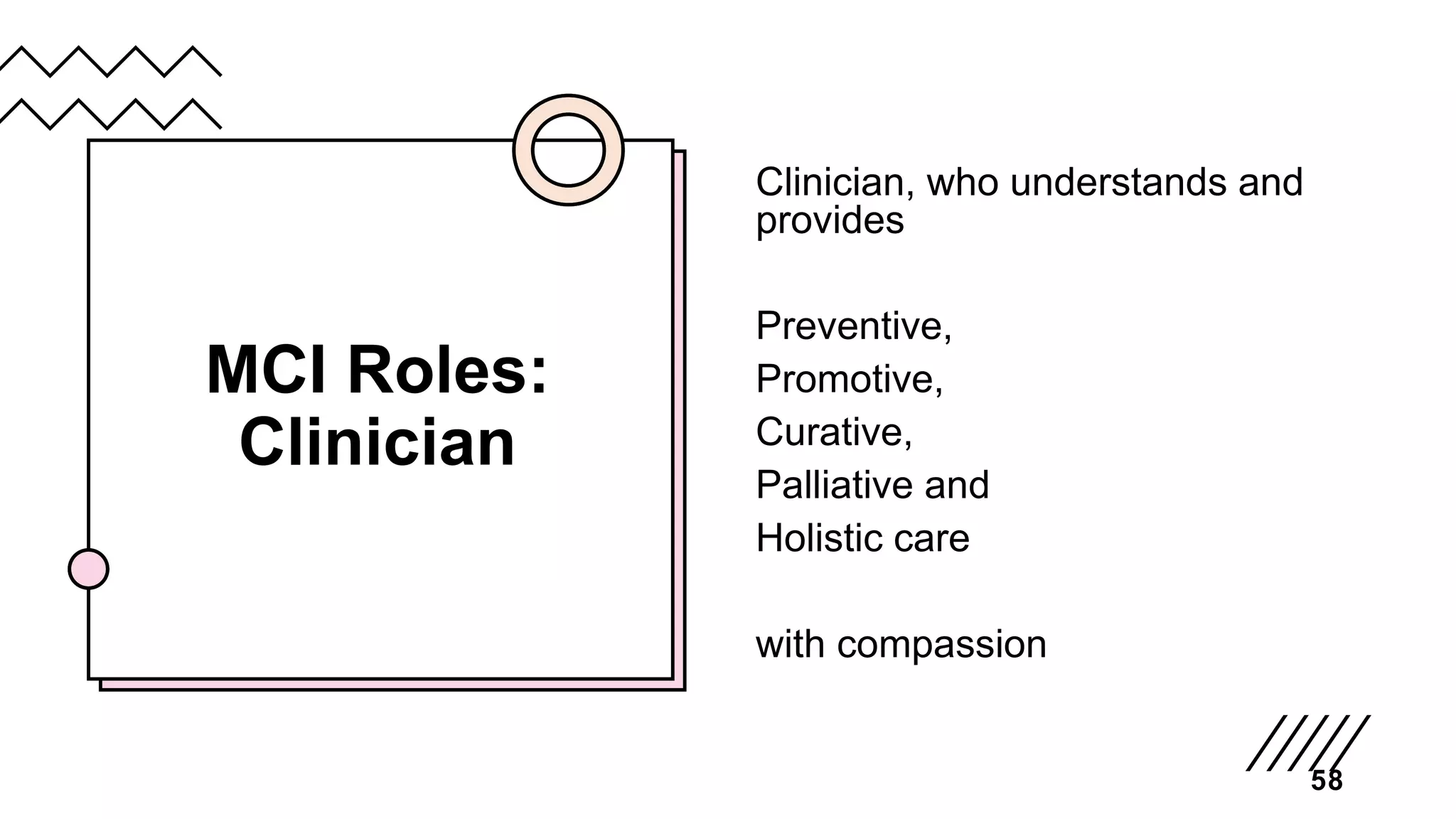 MCI Roles:
Clinician
Clinician, who understands and
provides
Preventive,
Promotive,
Curative,
Palliative and
Holistic care
with compassion
58
 