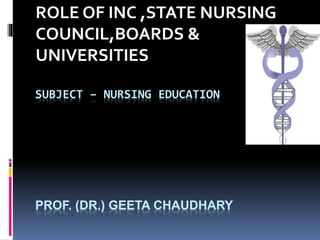 SUBJECT – NURSING EDUCATION
PROF. (DR.) GEETA CHAUDHARY
ROLE OF INC ,STATE NURSING
COUNCIL,BOARDS &
UNIVERSITIES
 