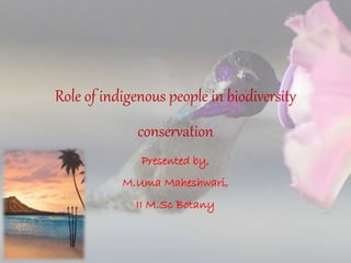 Role of indigenous people in biodiversity
conservation
Presented by,
M.Uma Maheshwari,
II M.Sc Botany
 