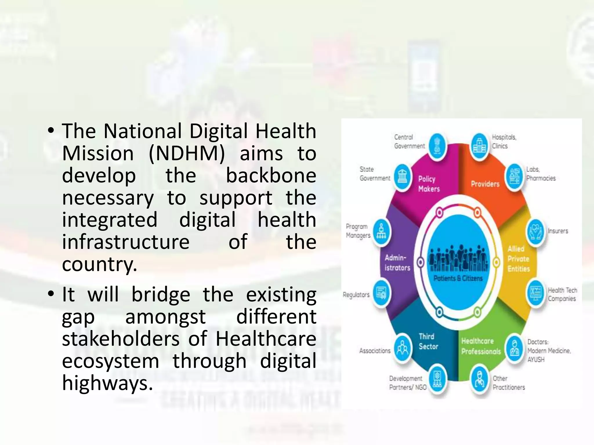 • The National Digital Health
Mission (NDHM) aims to
develop the backbone
necessary to support the
integrated digital health
infrastructure of the
country.
• It will bridge the existing
gap amongst different
stakeholders of Healthcare
ecosystem through digital
highways.
 