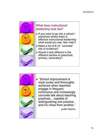 2012/03/14




What does instructional
leadership look like?
  If you were to go into a school /
   preschool where there is
   effective instructional leadership
   what would you see, feel, hear?
  Make a list of 8-10 concrete
   bits of evidence?
  Would it look different in the
   different sectors ie preschool,
   primary, secondary?




     School improvement is
     most surely and thoroughly
     achieved when teachers
     engage in frequent,
     continuous and increasingly
     concrete talk about teaching
     practices... capable of
     distinguishing one practice
     and it's virtue from another.
                      Judith Warren




                                               10
 