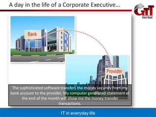 A day in the life of a Corporate Executive…




 The sophisticated software transfers the money securely from my
bank account to the provider. My computer generated statement at
      the end of the month will show me the money transfer
                          transactions.

                           IT in everyday life
 