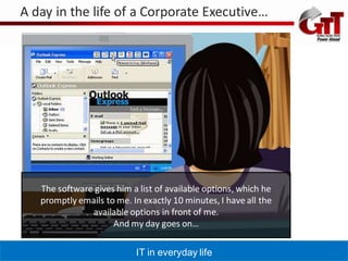 A day in the life of a Corporate Executive…




   The software gives him a list of available options, which he
   promptly emails to me. In exactly 10 minutes, I have all the
               available options in front of me.
                     And my day goes on…

                           IT in everyday life
 