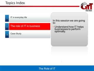 Topics Index


1
    IT in everyday life
                                       In this session we are going
                                       to:
2   The role of IT in business         • Understand how IT helps
                                         businesses to perform
                                         optimally.
    Case Study
3




                            The Role of IT
 