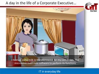 A day in the life of a Corporate Executive…




   I heat up some milk in the microwave for my corn flakes. The
      microwave oven runs software to perform its functions


                           IT in everyday life
 
