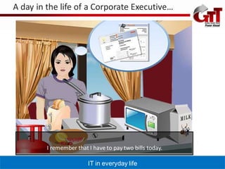 A day in the life of a Corporate Executive…




         I remember that I have to pay two bills today.

                         IT in everyday life
 