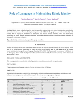 International Journal of Recent Research in Social Sciences and Humanities (IJRRSSH) 
Vol. 1, Issue 1, pp: (6-12), Month: April - June 2014, Available at: www.paperpublications.org 
Page | 6 
Paper Publications 
Role of Language in Maintaining Ethnic Identity Samiya Taskeen1, Nargis Saleem2, Asma Shehzadi3 1,3Department of Linguistics at Lahore Institute of Future Education UNIVERSITY OF LAHORE, PAKISTAN 2Department of linguistics LAHORE LEADS UNIVERSITY Abstract: Identity means to display ourselves how we want others to perceive us. How people construct their identities has been an important concern. Because, identity is an important mode of lifestyle. Language has been in close relationship with identity. Role of language in maintenance of identity has been obvious in many renowned works. The Present study investigated the role of language in constructing ethnic identity and data interpretation revealed the need and importance of language for maintenance of identity. Keywords: Identity, maintenance, language, ethnic group, researchers. 1. Introduction Identity and language are in close relationship. Identity includes the ways in which we, through the use of language reveal who we are and we not only display who we exactly are rather we also display “how we want people to see us”. People create their identities through the use of language. (Paltridge 2007, 2008) The Present study was concerned with Identity of an ethnic group. Status and the development of ethnic identities is influenced by the interaction of many factors ( Lazarev V & Pravikova L ,2005). RESEARCH DESIGN& INSTRUMENT: This was a quantitative research which utilized quantitative research instrument which was questionnaire. POPULATION: Target population was Language students of private sector universities of Pakistan. SAMPLING: Minhaj University was taken as sample. 100 questionnaires were distributed among language students and responses were calculated in percentage as shown in the following table shows to get the average response of people. Data was analyzed in the form of percentage and the following results WERE derived. SR No Statements Agree+strongly agree neutral Disagree+strongly disagree 1 An ethnic group as a whole can preserve its identity 28% 32% 40% 2 Values are being preserved by language. 53% 21% 26% 3 Identities determine inferiority or superiority of language. 35% 30% 35% 4 Superiority of a language is determined by the culture 32% 40% 28% 5 To construct ethnic identity language is essential. 75% 5% 20% 6 It’s a matter of great pride to get education in native language. 40% 10% 50% 7 Language shifts by shift in group values. 50% 30% 20% 8 Societal demands affect the language use of the group 41% 19% 40% 9 Bilingual education enhances language compatibility to interact 41% 38% 21%  