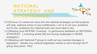 NATIONAL
STRATEGY AND
GOVERNANCE
◇◇Ensure LC needs are input into the national strategies so that projects
will help address some of your bottlenecks ( not to fix all your problems
but fix the problems the national team are most able to do)
◇◇Meeting your MCP/MC Coaches , to get/receive feedback on NATIONAL
STRATEGY. [ including where EB are having challenges in MCEB
strategies ]
◇◇Meeting with National P group to craft out any needed changes in
legislation. (ideally any national legislation needs to went through the P
group discussion first)
 
