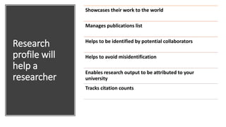 Research
profile will
help a
researcher
Showcases their work to the world
Manages publications list
Helps to be identified by potential collaborators
Helps to avoid misidentification
Enables research output to be attributed to your
university
Tracks citation counts
 