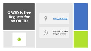 ORCiD is free
Register for
an ORCiD
http://orcid.org/
Registration takes
only 30 seconds
 