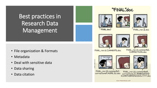 Best practices in
Research Data
Management
• File organization & Formats
• Metadata
• Deal with sensitive data
• Data sharing
• Data citation
 