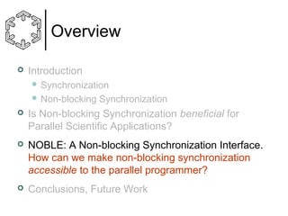 Overview


Introduction
 Synchronization
 Non-blocking

Synchronization



Is Non-blocking Synchronization beneficial for
Parallel Scientific Applications?



NOBLE: A Non-blocking Synchronization Interface.
How can we make non-blocking synchronization
accessible to the parallel programmer?



Conclusions, Future Work

 