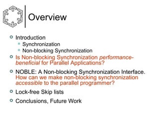 Overview


Introduction
 Synchronization
 Non-blocking

Synchronization



Is Non-blocking Synchronization performancebeneficial for Parallel Applications?



NOBLE: A Non-blocking Synchronization Interface.
How can we make non-blocking synchronization
accessible to the parallel programmer?



Lock-free Skip lists



Conclusions, Future Work

 